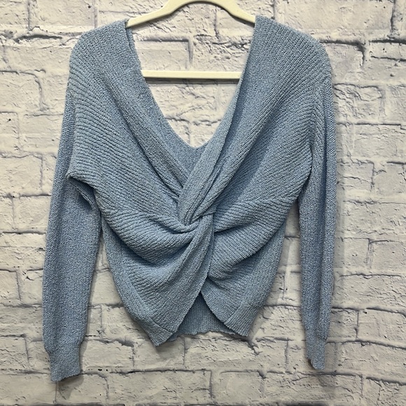 Line & Dot Periwinkle v neck lightweight knit sweater with open back. - Picture 2 of 3